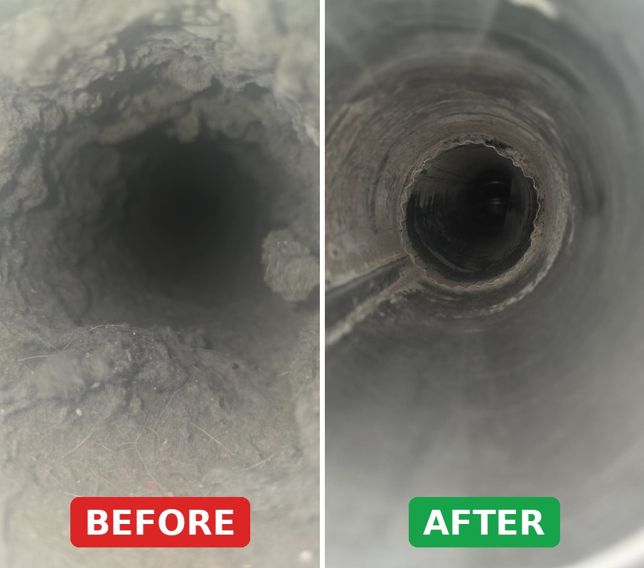 Dryer vent interior before and after cleaning